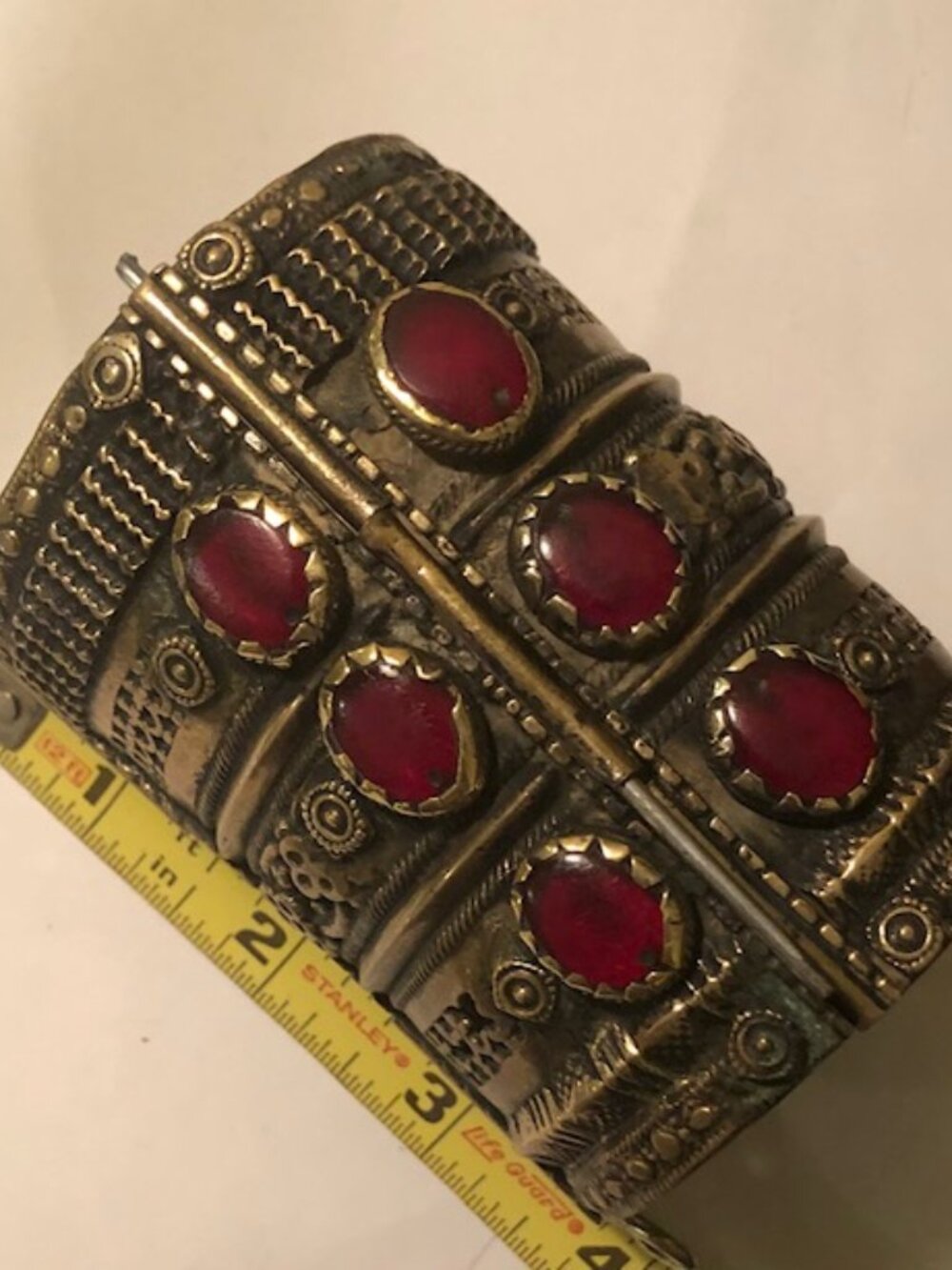 Vintage Brass Tribal Cuff Bracelet with Red Glass Cabochons and a Pin Closure